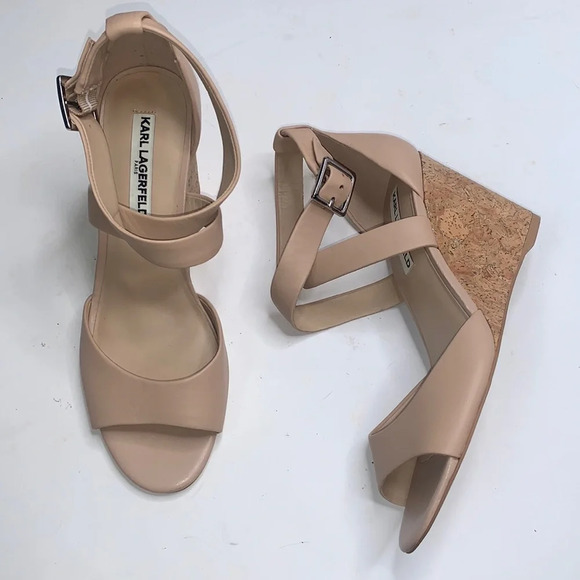 Karl Lagerfeld Cross Strap Taupe Wedge Heel Sandals S-017 Sz 9.5 - Picture 1 of 11
